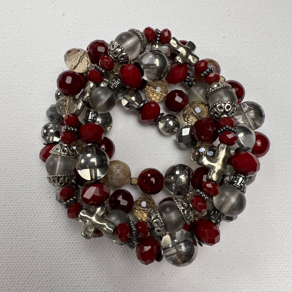 Handmade Beaded Bracelet Set of 5 Deep Red Smoky Gray Silver Tone with Crosses